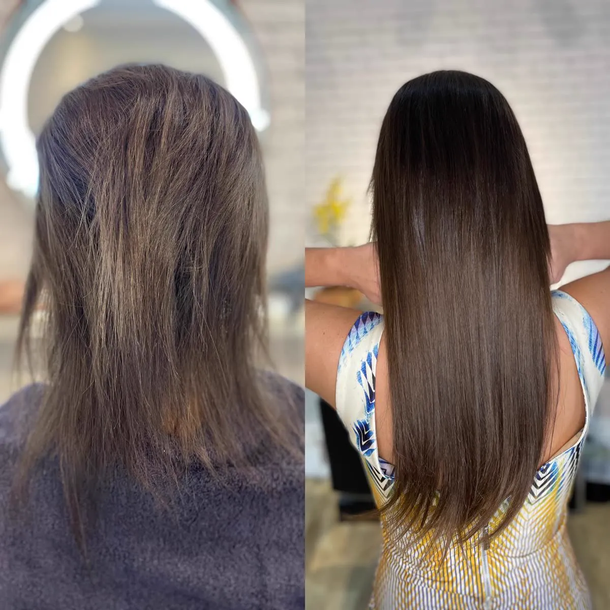 Antes e depois de mega hair com ondas e comprimento nas costas